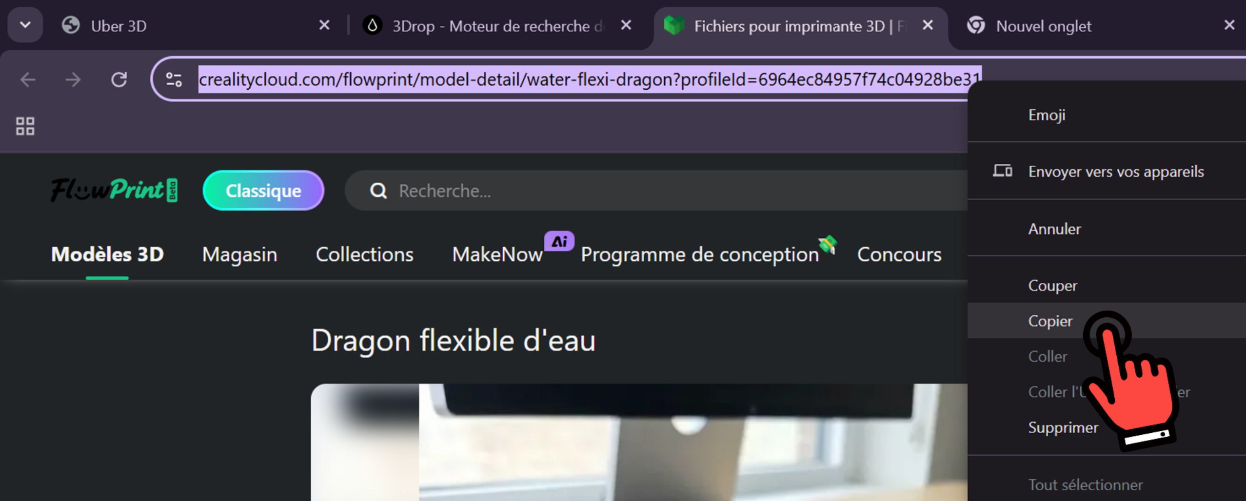 Copier l'URL du modèle 3D